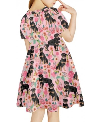 Girls Short Sleeve Dress Summer Twirly Skater Casual Dress for 3-14Years Rottweiler Dog Flower $10.00 Dresses