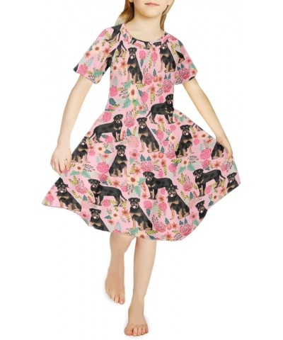 Girls Short Sleeve Dress Summer Twirly Skater Casual Dress for 3-14Years Rottweiler Dog Flower $10.00 Dresses