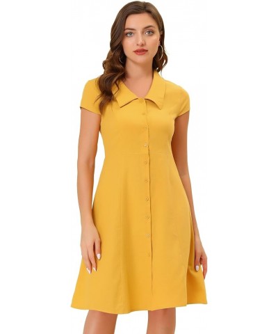 Women's Cap Sleeve Cotton Shirtdress Work Collar Midi Button Down Dress Yellow $14.80 Dresses