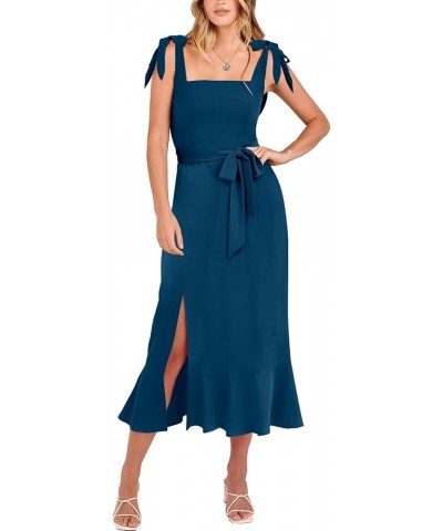 Women's Elegant Bridesmaid Dresses Square Neck Ruffle Slit Hem Midi Formal Dress for Wedding Guest Cocktail Party Deep Blue $...