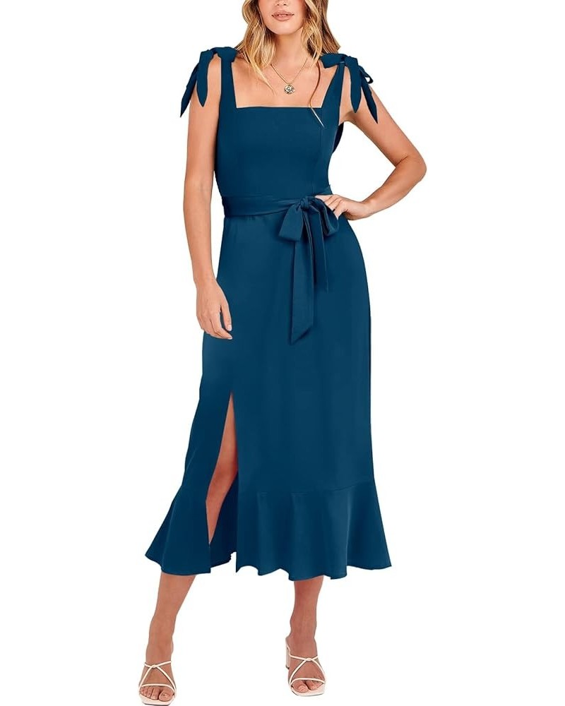 Women's Elegant Bridesmaid Dresses Square Neck Ruffle Slit Hem Midi Formal Dress for Wedding Guest Cocktail Party Deep Blue $...