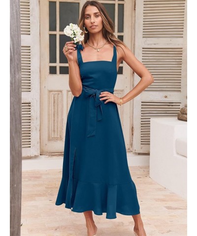 Women's Elegant Bridesmaid Dresses Square Neck Ruffle Slit Hem Midi Formal Dress for Wedding Guest Cocktail Party Deep Blue $...