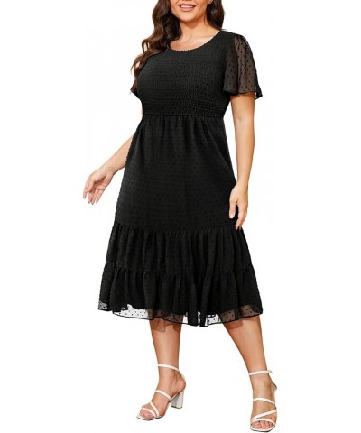 Women Plus Size Summer Casual Flutter Short Sleeve Smocked Midi Swiss Dot Flowy Tiered Dresses Black $21.73 Dresses