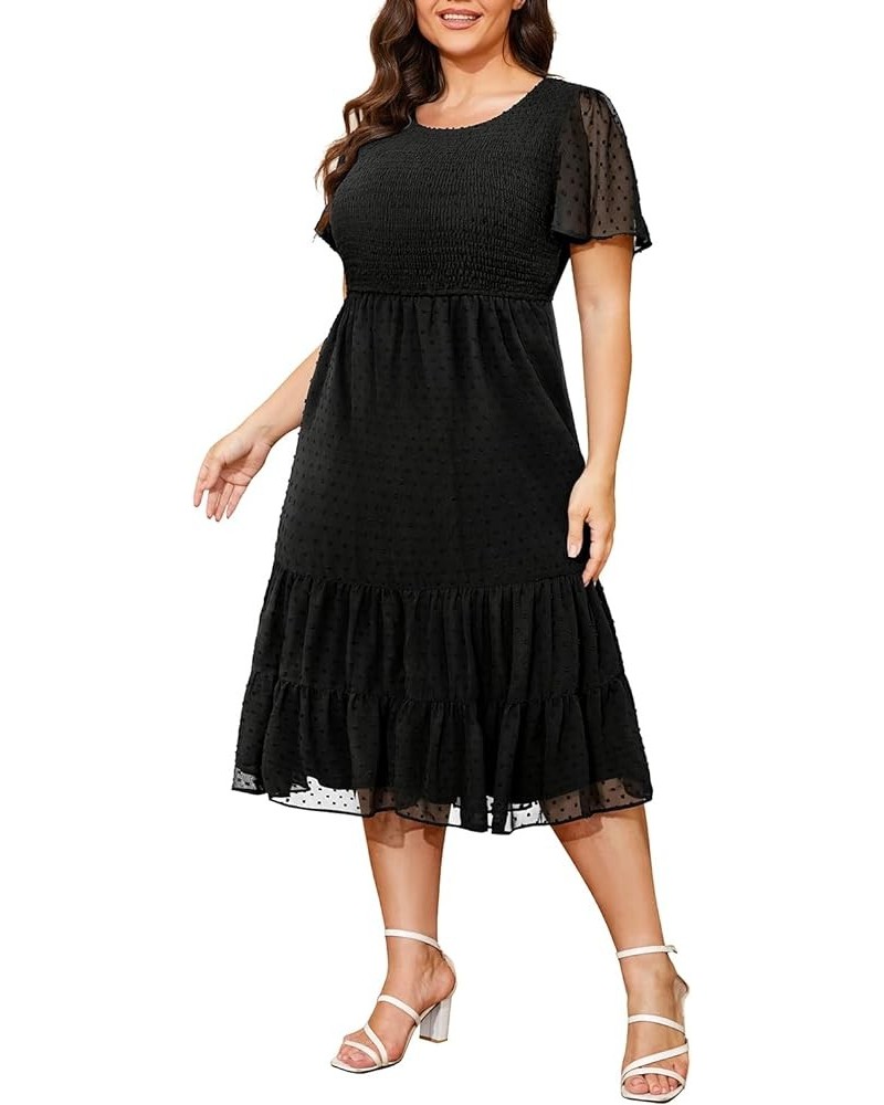 Women Plus Size Summer Casual Flutter Short Sleeve Smocked Midi Swiss Dot Flowy Tiered Dresses Black $21.73 Dresses