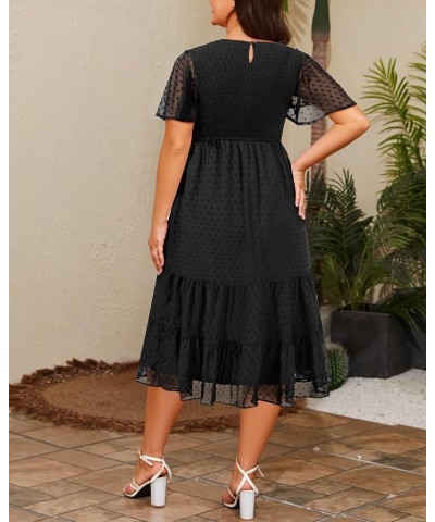 Women Plus Size Summer Casual Flutter Short Sleeve Smocked Midi Swiss Dot Flowy Tiered Dresses Black $21.73 Dresses