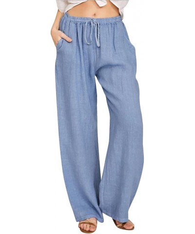 Cotton Linen Relaxed Fit Lounge Pants for Women Drawstring Waisted Straight Wide Leg Comfort Sleepwear Pajamas Bottoms Blue $...