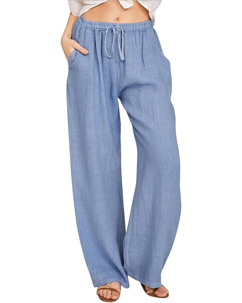 Cotton Linen Relaxed Fit Lounge Pants for Women Drawstring Waisted Straight Wide Leg Comfort Sleepwear Pajamas Bottoms Blue $...