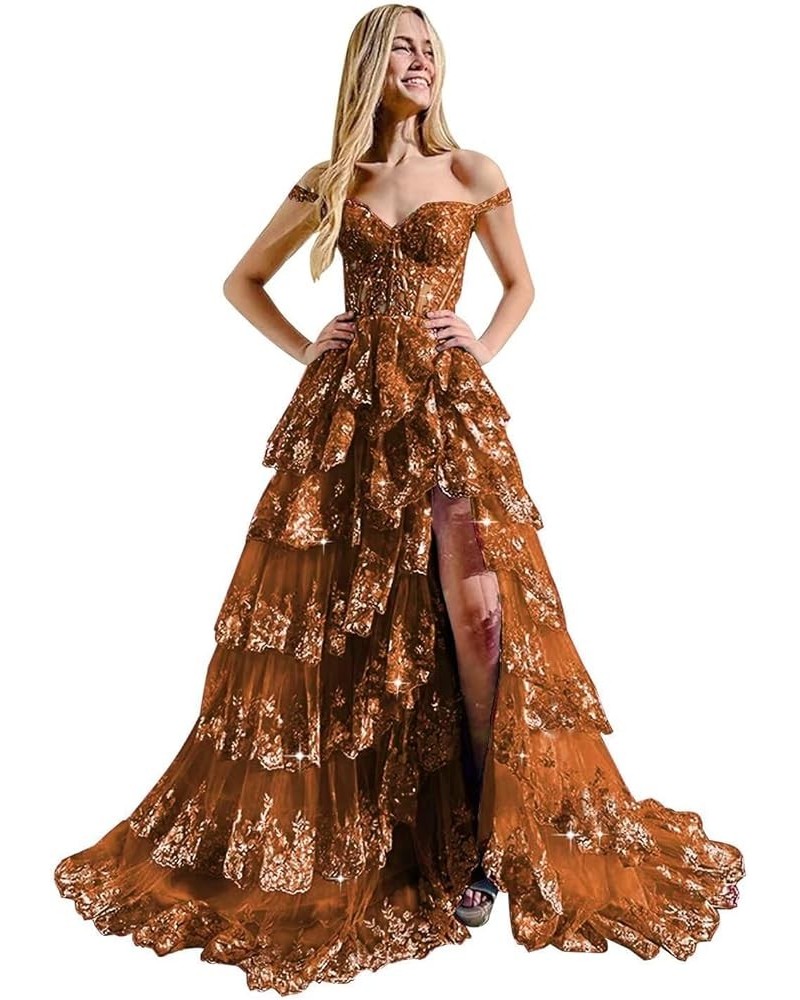 Women‘s Off The Shoulder Tiered Prom Dress with Split Sleeveless A Line Evening Gown for Juniors KO008 Burnt Orange $47.83 Dr...