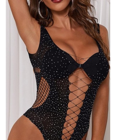 Women's Cut Out Fishnet Teddy Lingerie Mesh One Piece Bodysuit Black Criss Cross $12.75 Bodysuits