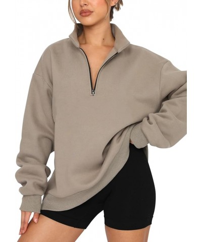 Women's Oversized Quarter 1/4 Zip Sweatshirts Lapel Collar Long sleeve Drop Shoulder Solid Pullover Jumper Top Coffee Grey $1...