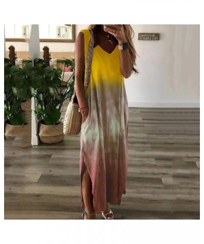 Maxi Dresses for Women,2024 Spring Summer Trendy Striped Print Beach Sundress,Casual V Neck Color Block Long Dress Z01-yellow...