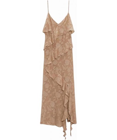 Women Summer Ruffled Asym Dress Floral Jacquard V Neck Sleeveless Split Party Maxi Bodycon Midi Sundress Streetwear Khaki $13...