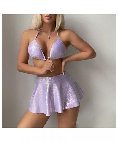 Women's Liquid Metallic Sexy Triangle Bikini Set Shiny Bathing Suit Two Pieces Swimsuit Tie Two Sides Bottom Lavender Purple-...