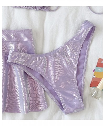 Women's Liquid Metallic Sexy Triangle Bikini Set Shiny Bathing Suit Two Pieces Swimsuit Tie Two Sides Bottom Lavender Purple-...