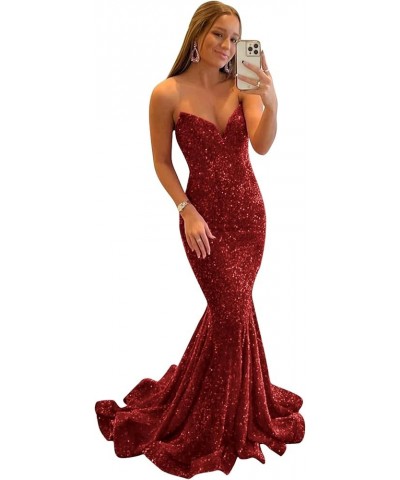 Sequin Prom Dresses for Women Formal Long Ball Gown Mermaid V Neck Sparkly Evening Gown Burgundy $32.20 Dresses