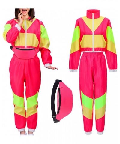 3 Pcs 80s Colorblock Windbreaker 90s Tracksuit Outfit for Women and Fanny Pack for Disco Retro Party Pink $22.43 Activewear