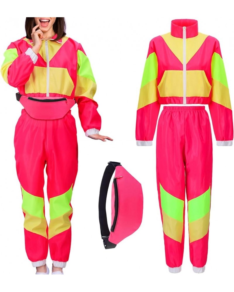 3 Pcs 80s Colorblock Windbreaker 90s Tracksuit Outfit for Women and Fanny Pack for Disco Retro Party Pink $22.43 Activewear