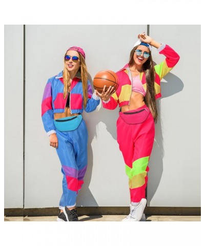 3 Pcs 80s Colorblock Windbreaker 90s Tracksuit Outfit for Women and Fanny Pack for Disco Retro Party Pink $22.43 Activewear