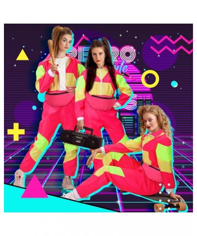 3 Pcs 80s Colorblock Windbreaker 90s Tracksuit Outfit for Women and Fanny Pack for Disco Retro Party Pink $22.43 Activewear