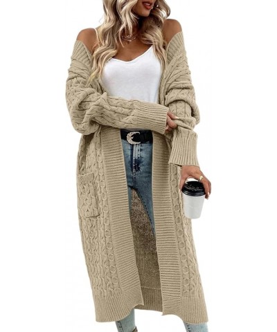 Womens Long Cardigan Cable Knit Open Front Long Sleeve Sweater Coats with Pockets Khaki $10.25 Sweaters