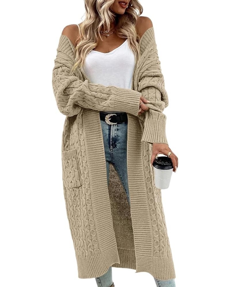 Womens Long Cardigan Cable Knit Open Front Long Sleeve Sweater Coats with Pockets Khaki $10.25 Sweaters