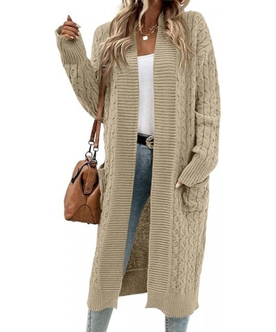 Womens Long Cardigan Cable Knit Open Front Long Sleeve Sweater Coats with Pockets Khaki $10.25 Sweaters