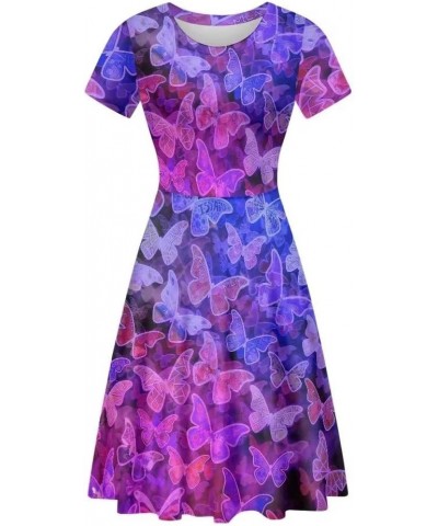 Women Short Sleeve Casual Dress Flared Midi Dress for Party Work Purple Butterfly $13.43 Dresses