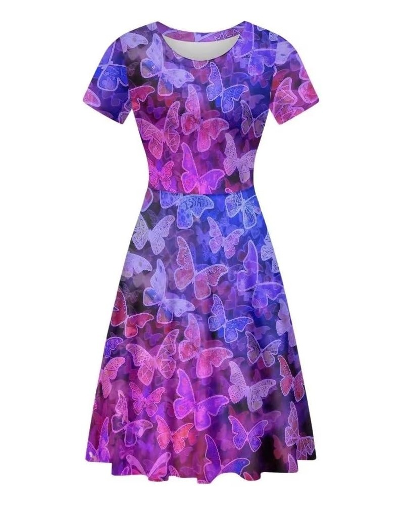 Women Short Sleeve Casual Dress Flared Midi Dress for Party Work Purple Butterfly $13.43 Dresses