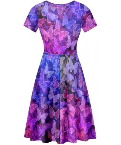 Women Short Sleeve Casual Dress Flared Midi Dress for Party Work Purple Butterfly $13.43 Dresses