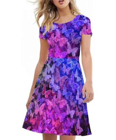 Women Short Sleeve Casual Dress Flared Midi Dress for Party Work Purple Butterfly $13.43 Dresses