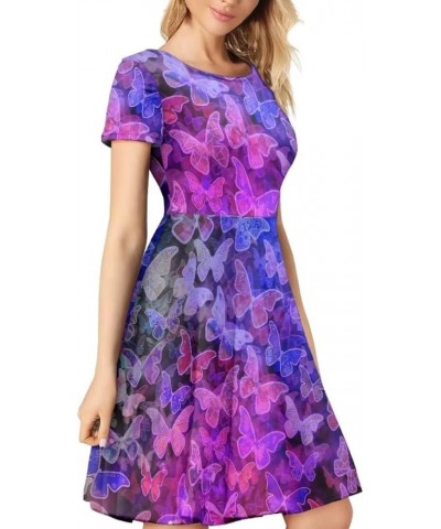 Women Short Sleeve Casual Dress Flared Midi Dress for Party Work Purple Butterfly $13.43 Dresses