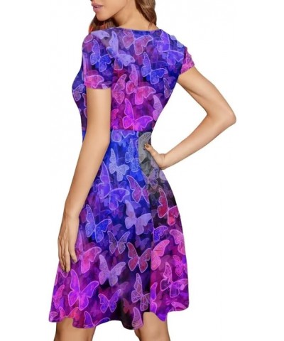 Women Short Sleeve Casual Dress Flared Midi Dress for Party Work Purple Butterfly $13.43 Dresses