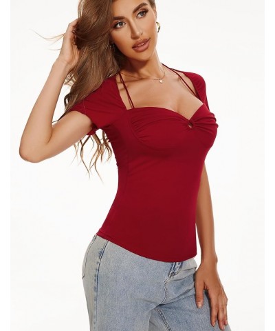 Women's Sexy Tops Short Sleeve Sweetheart Neck Slim Fit Shirt 2024 Summer Going Out Y2K Trendy Blouse Wine Red $12.87 Blouses