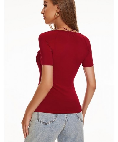 Women's Sexy Tops Short Sleeve Sweetheart Neck Slim Fit Shirt 2024 Summer Going Out Y2K Trendy Blouse Wine Red $12.87 Blouses