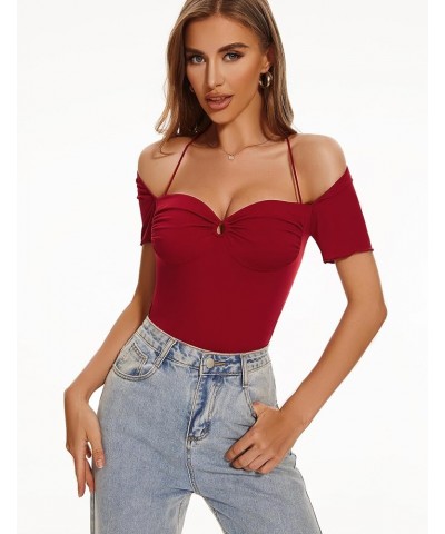 Women's Sexy Tops Short Sleeve Sweetheart Neck Slim Fit Shirt 2024 Summer Going Out Y2K Trendy Blouse Wine Red $12.87 Blouses