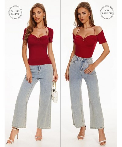 Women's Sexy Tops Short Sleeve Sweetheart Neck Slim Fit Shirt 2024 Summer Going Out Y2K Trendy Blouse Wine Red $12.87 Blouses