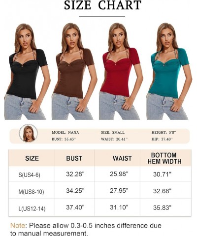 Women's Sexy Tops Short Sleeve Sweetheart Neck Slim Fit Shirt 2024 Summer Going Out Y2K Trendy Blouse Wine Red $12.87 Blouses