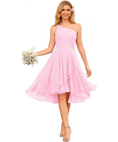 Women's One Shoulder Bridesmaid Dresses for Women Chiffon Formal Evening Dress with Pleates PU128 Pink $27.30 Dresses