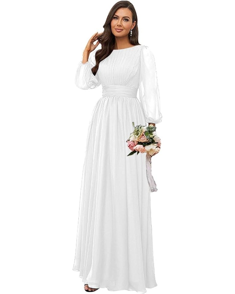 Women's Crew Neck Bridesmaid Dresses Long Sleeves Chiffon Pleated Formal Party Gown White $29.69 Dresses