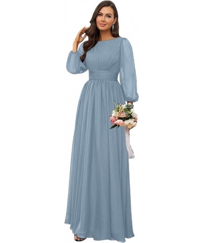 Women's Crew Neck Bridesmaid Dresses Long Sleeves Chiffon Pleated Formal Party Gown White $29.69 Dresses