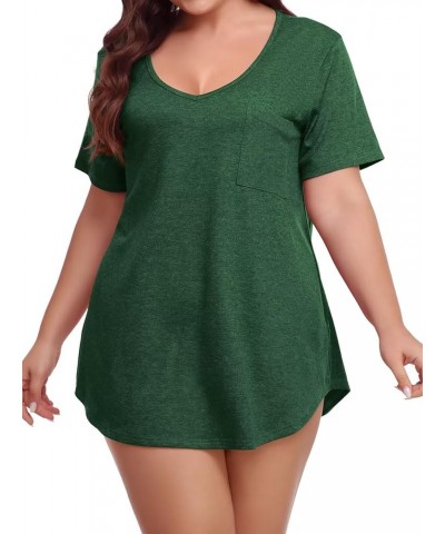 Women Plus Size V-Neck Tunic Tops Loose T Shirt with Pocket D-deep Green $15.67 Tops