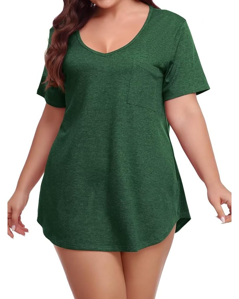 Women Plus Size V-Neck Tunic Tops Loose T Shirt with Pocket D-deep Green $15.67 Tops