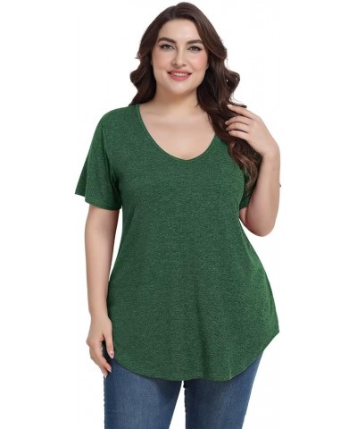 Women Plus Size V-Neck Tunic Tops Loose T Shirt with Pocket D-deep Green $15.67 Tops