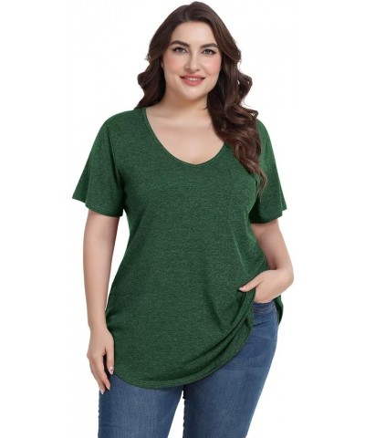 Women Plus Size V-Neck Tunic Tops Loose T Shirt with Pocket D-deep Green $15.67 Tops