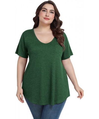 Women Plus Size V-Neck Tunic Tops Loose T Shirt with Pocket D-deep Green $15.67 Tops