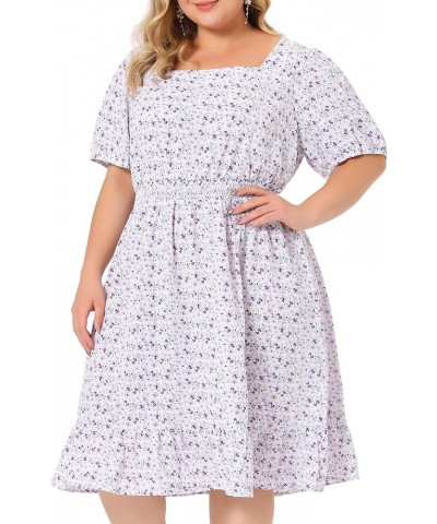 Plus Size Women's Dresses Short Sleeve Square Neck Elastic Waist Floral Dress Summer 2023 Purple $20.39 Dresses