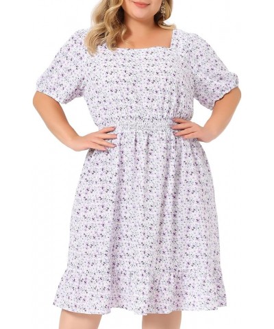 Plus Size Women's Dresses Short Sleeve Square Neck Elastic Waist Floral Dress Summer 2023 Purple $20.39 Dresses