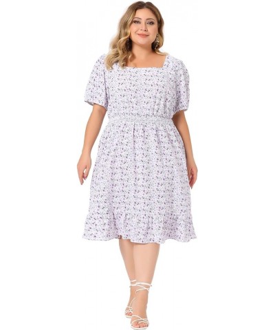 Plus Size Women's Dresses Short Sleeve Square Neck Elastic Waist Floral Dress Summer 2023 Purple $20.39 Dresses