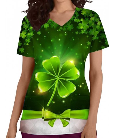 Women's St Patrick's Day Scrubs Tops Short Sleeve V Neck Irish Shamrock Stretchy Work Uniform Clothes 2024 19-black $6.95 Tops