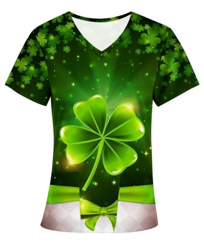 Women's St Patrick's Day Scrubs Tops Short Sleeve V Neck Irish Shamrock Stretchy Work Uniform Clothes 2024 19-black $6.95 Tops